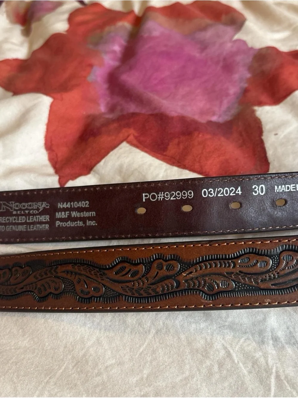 Tooled Brown Leather Western Belt with Silver/ Gold Buckle